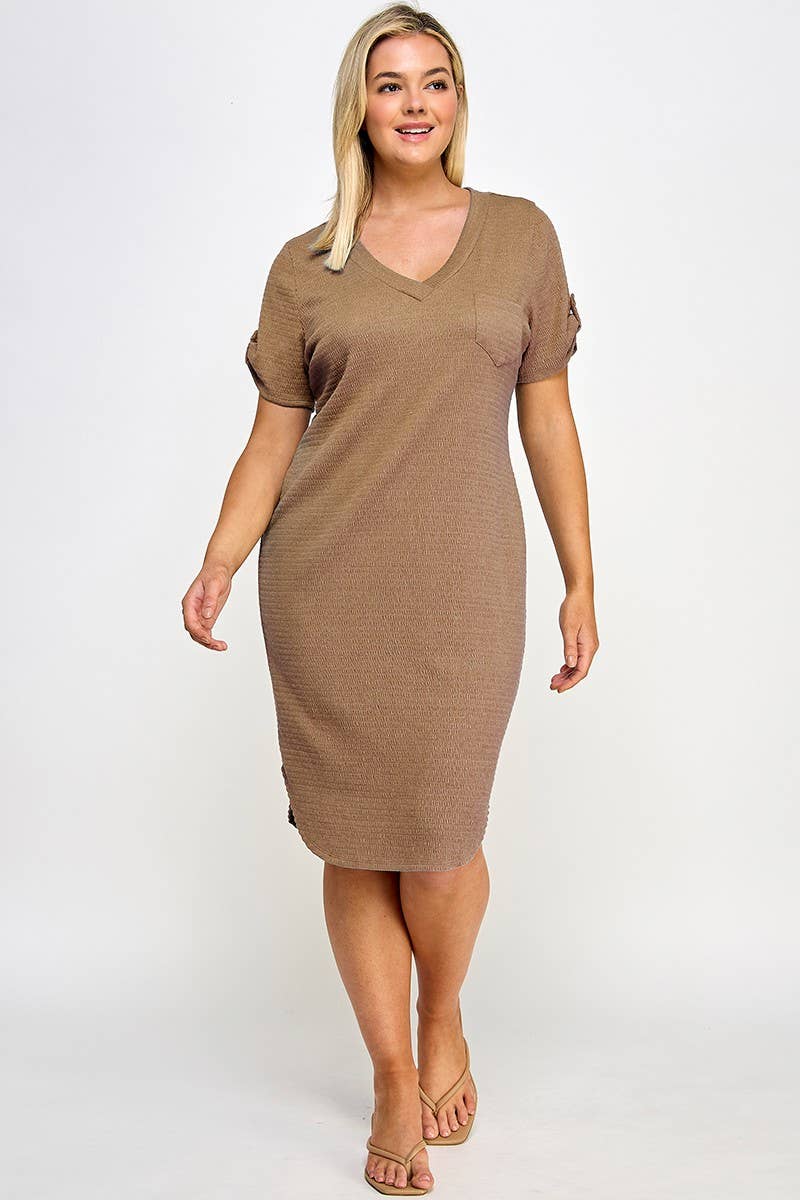 Plus Size Smocked V-neck Shirt Tail Dress PL2463P-D: Black / Plus Size