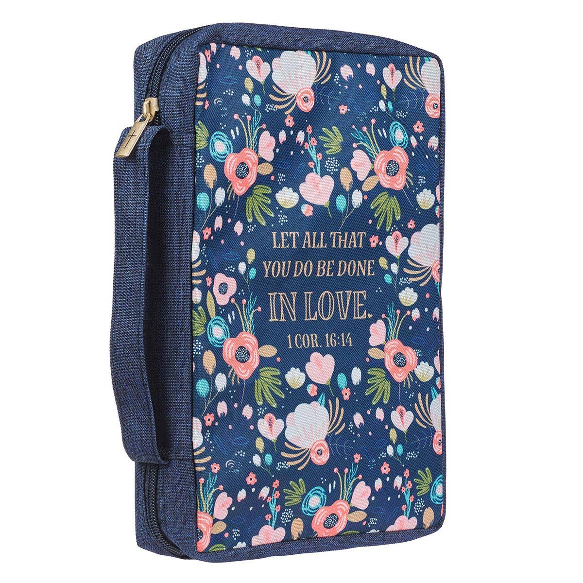 Bible Cover Value Navy/Floral Printed Let Love 1 Cor. 16:14: Medium