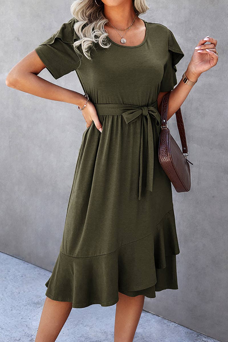 Petal Sleeve Ruffle Trim Belted Midi Dress: GREEN / L