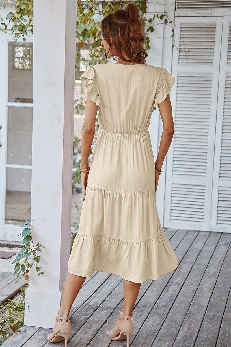 V Neck Flutter Sleeve Ruffle Hem Layered Dress: Beige /