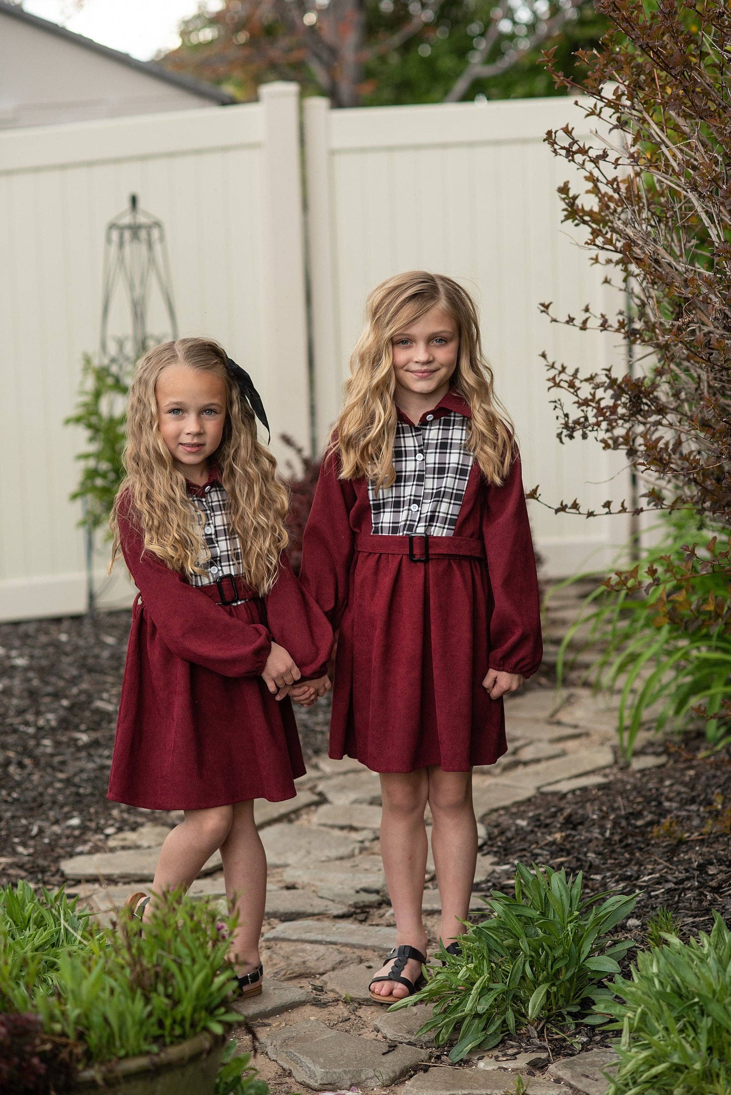 Kids Burgundy Black & White Plaid Yoke Long Sleeve Dress: