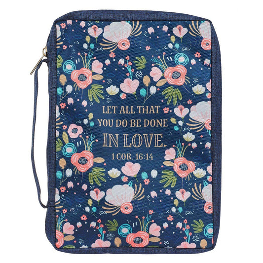 Bible Cover Value Navy/Floral Printed Let Love 1 Cor. 16:14: Medium