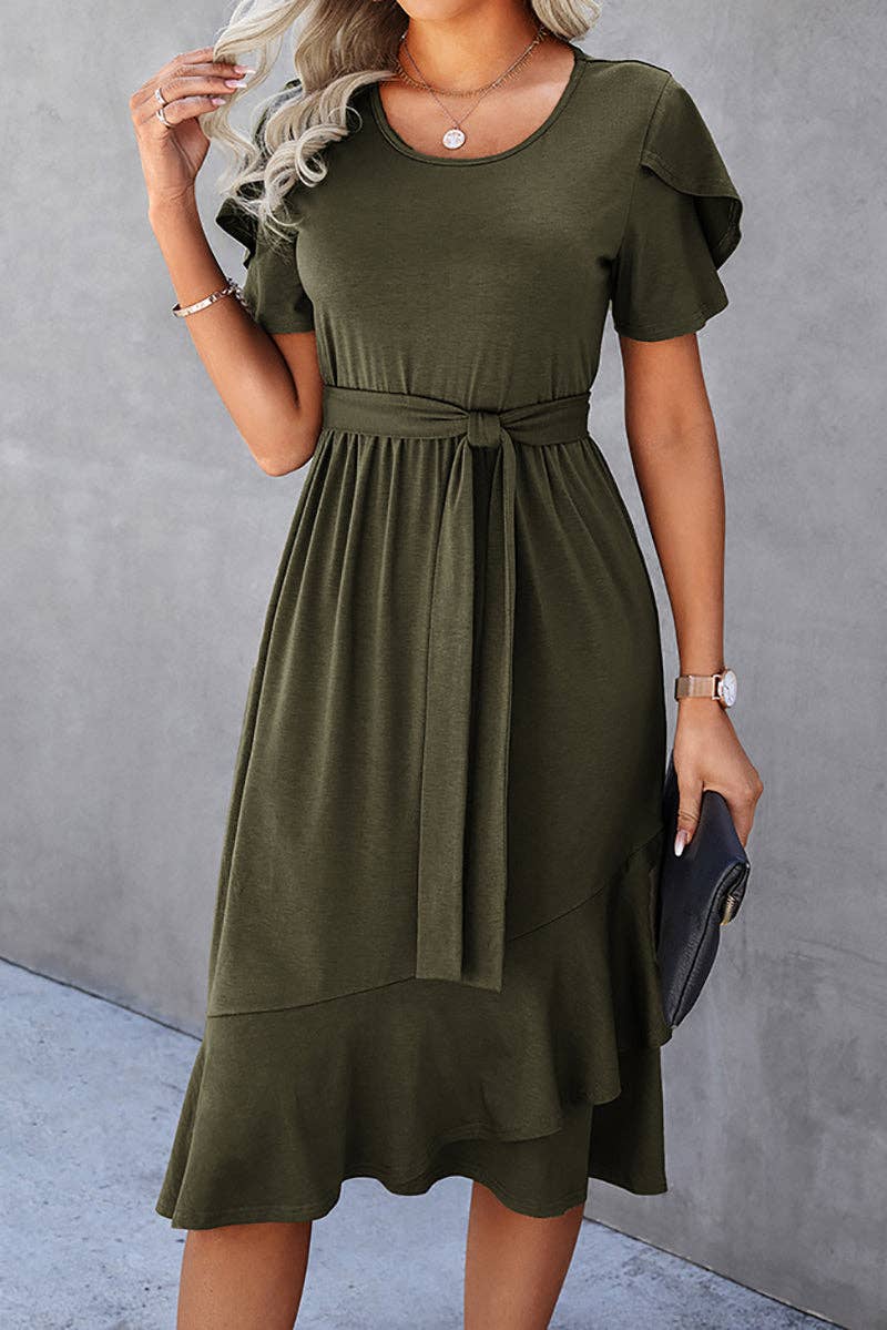 Petal Sleeve Ruffle Trim Belted Midi Dress: GREEN / XL