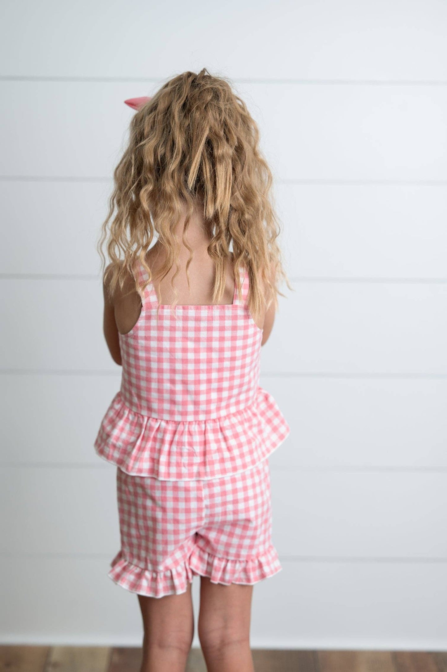 Kids Pink Check Gingham Ruffle Button Spring Short Set: