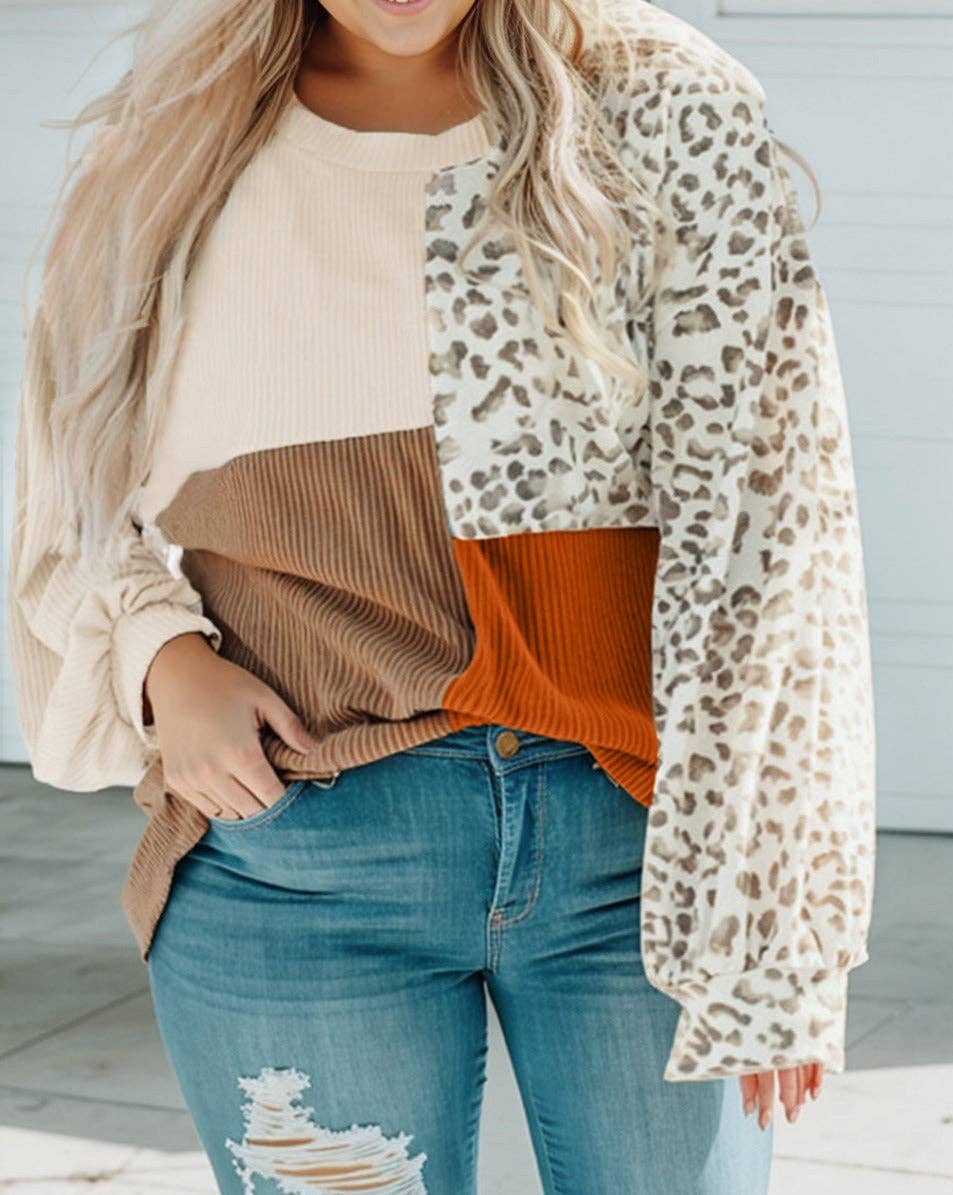 Colorblock Leopard Splicing Top Plus Size: Khaki / 85%Polyester+15%Elastane
