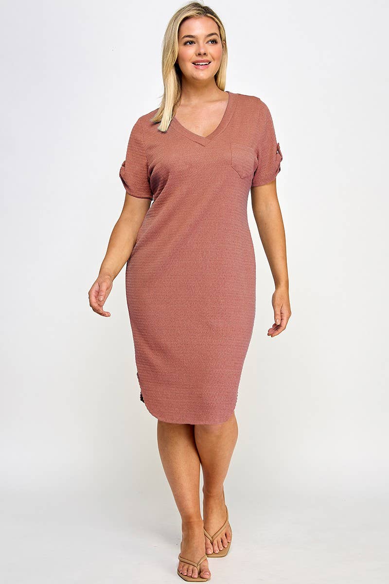 Plus Size Smocked V-neck Shirt Tail Dress PL2463P-D: Black / Plus Size
