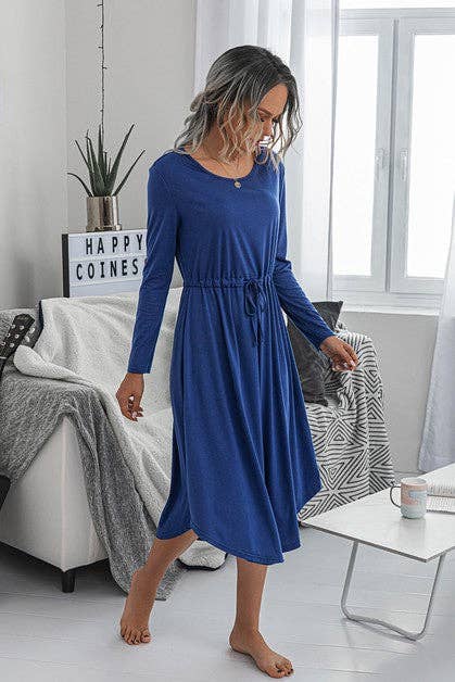 Solid Round Neck Long Sleeve Drawstring Dress: ROYAL BLUE / L