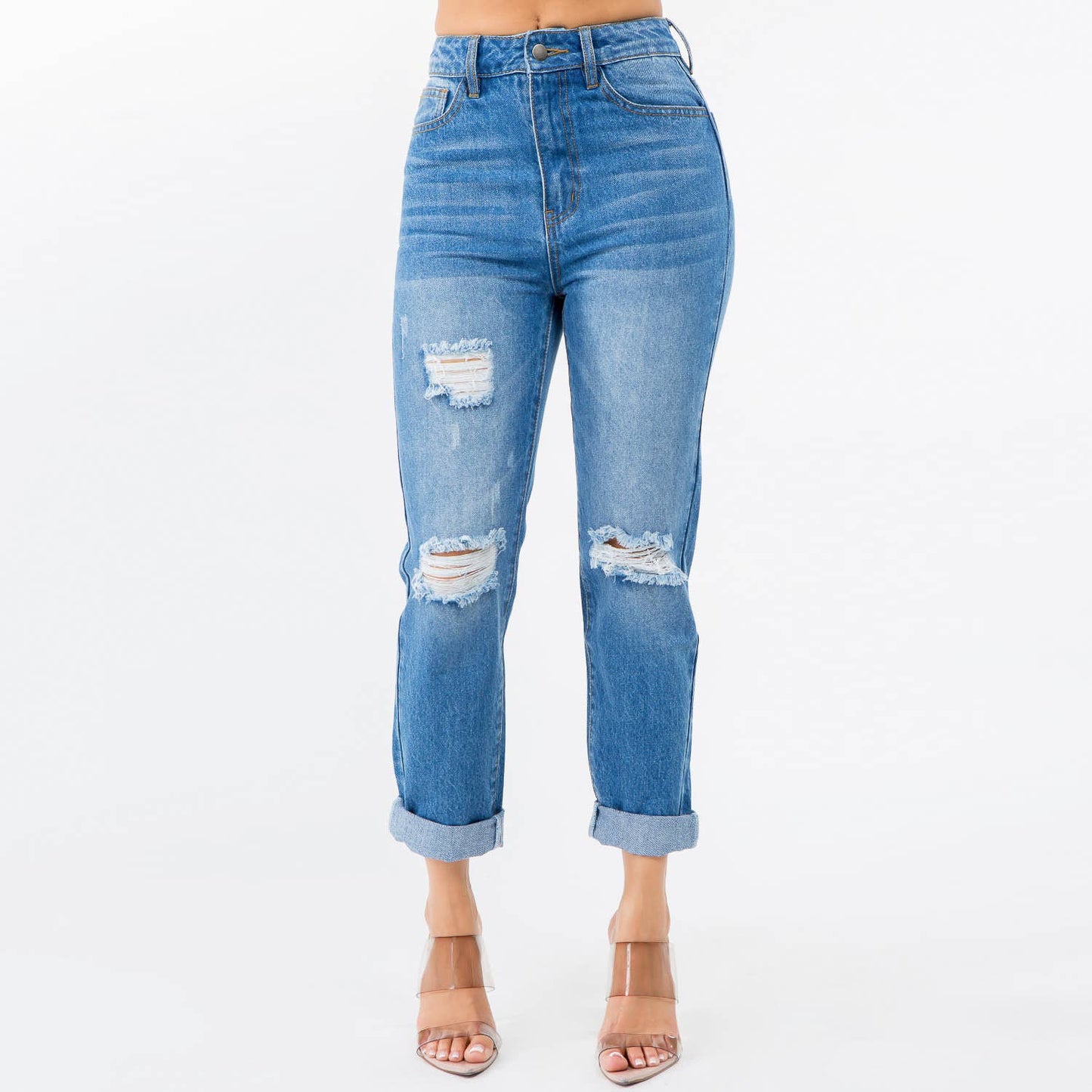 HIGH WAIST DISTRESSED MOM JEANS-RJH20507: BLUE