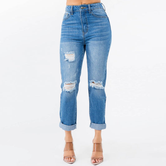 HIGH WAIST DISTRESSED MOM JEANS-RJH20507: BLUE