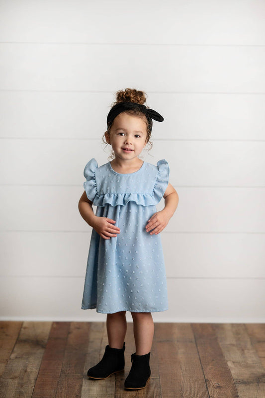 Girls Dusty Blue Ruffle Bib Swiss Dot Spring Summer Dress: