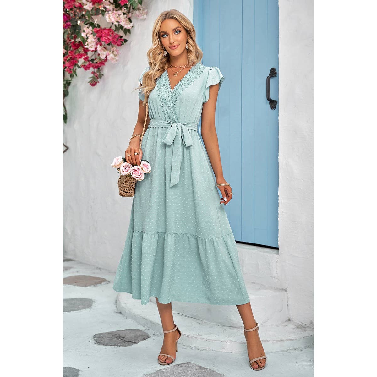Solid Dot V Neck Lace Ruffle Belt Long Dress: LIGHT GREEN / S