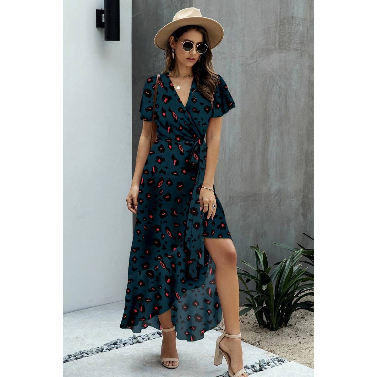 Allover Print High V Neck Low Wrap Dress: GREEN /