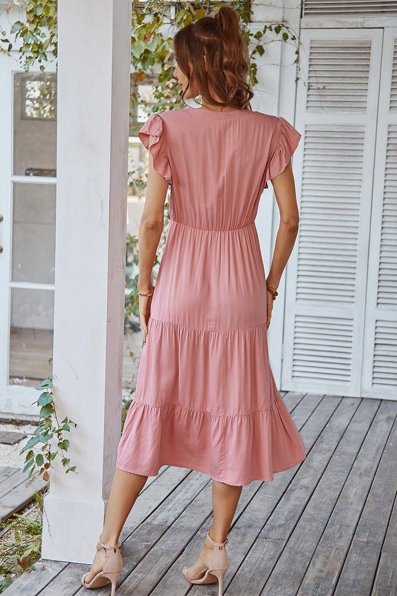 V Neck Flutter Sleeve Ruffle Hem Layered Dress: Beige /