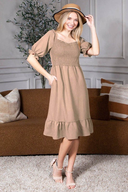 Smocked Dress Short Puff Sleeve Ruffle Smocking Crepe Midi: Taupe