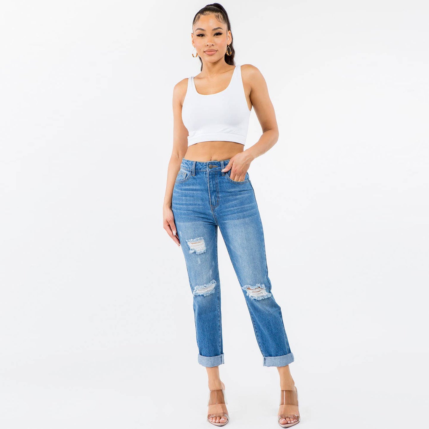 HIGH WAIST DISTRESSED MOM JEANS-RJH20507: BLUE