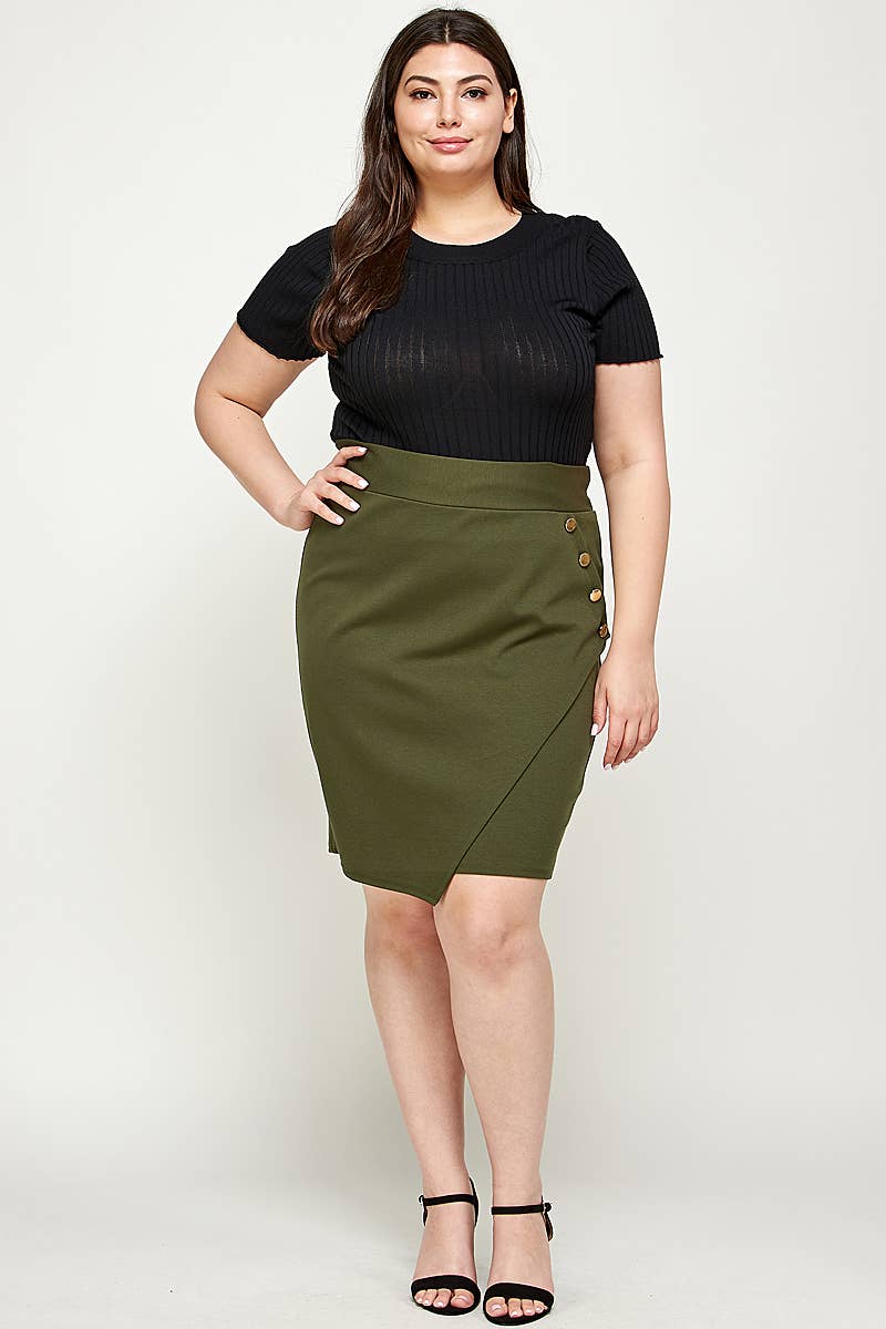 Plus Size Asymmetrical Pencil Skirt With Buttons WG17835-SK: Olive / Plus Size /