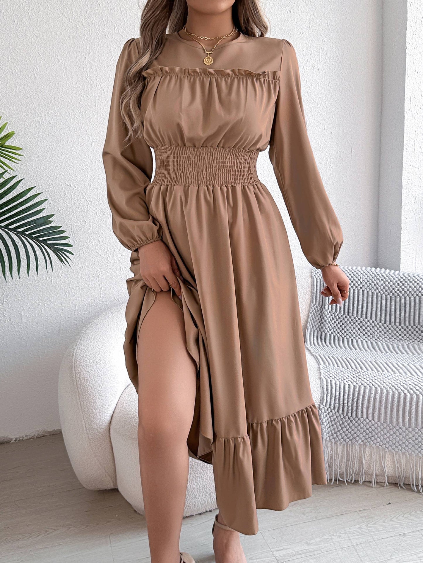 Solid Color Elegant Pleated Dress: Green
