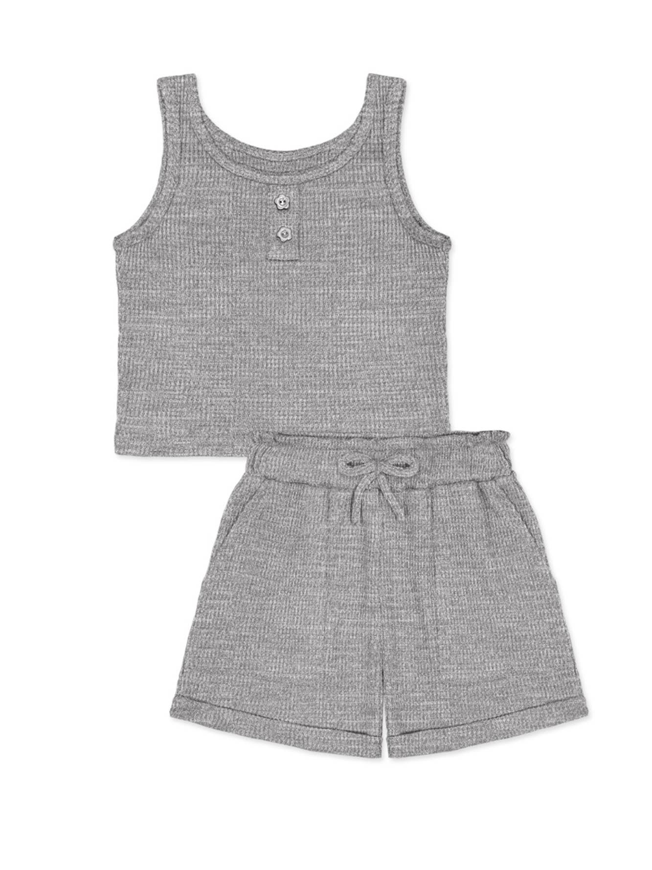 GKSS-D24-3335B- Girl's 2 pc Waffle Knit Short Set: Hot Pink