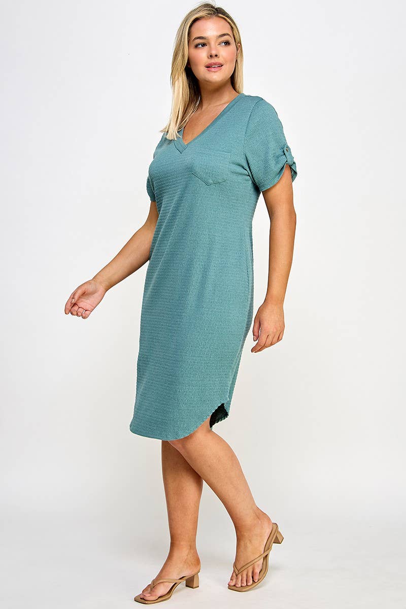 Plus Size Smocked V-neck Shirt Tail Dress PL2463P-D: Black / Plus Size