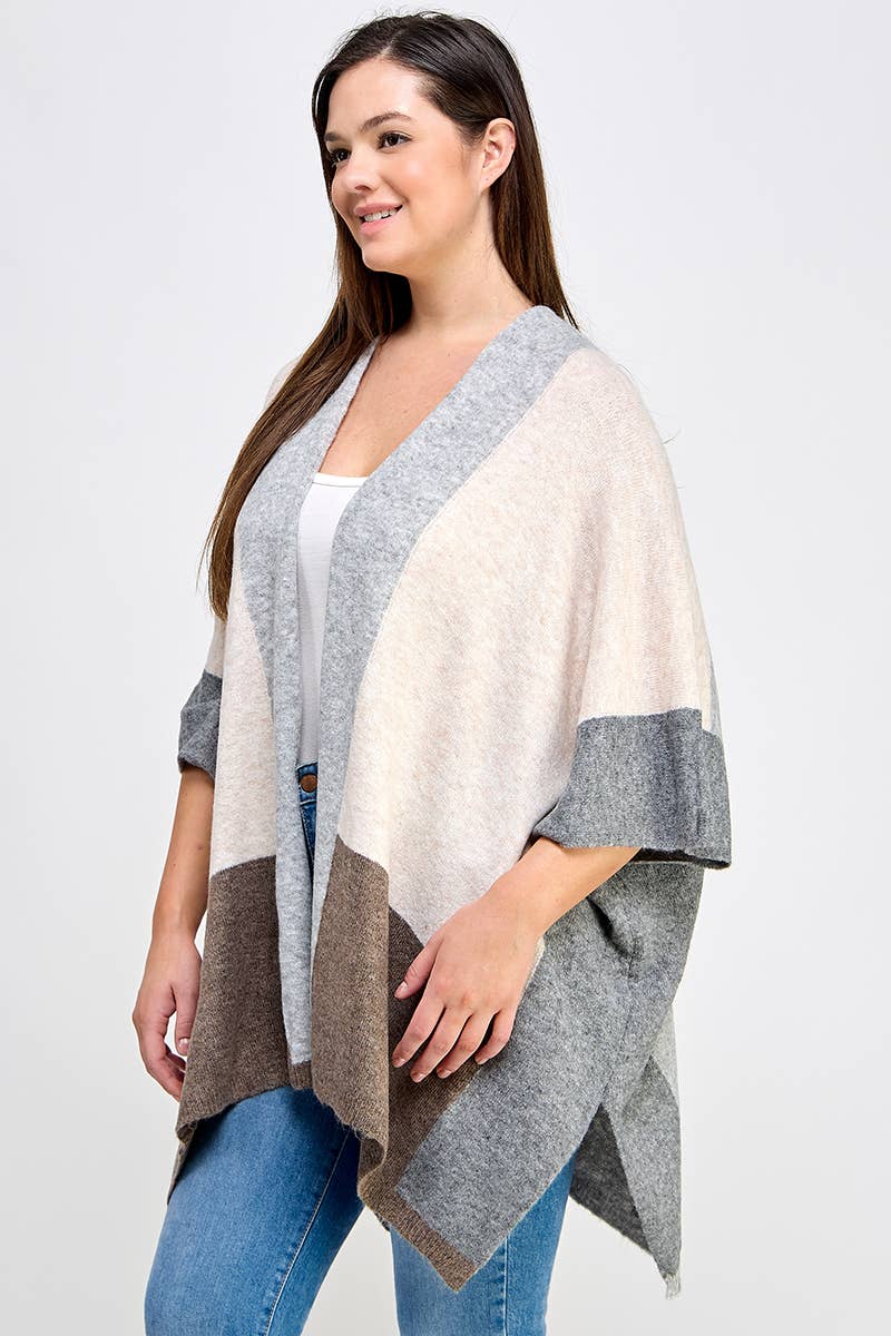 Plus Size Cardigan Colorblock Knit FM2646P-SWC: Oatmeal / Plus Size