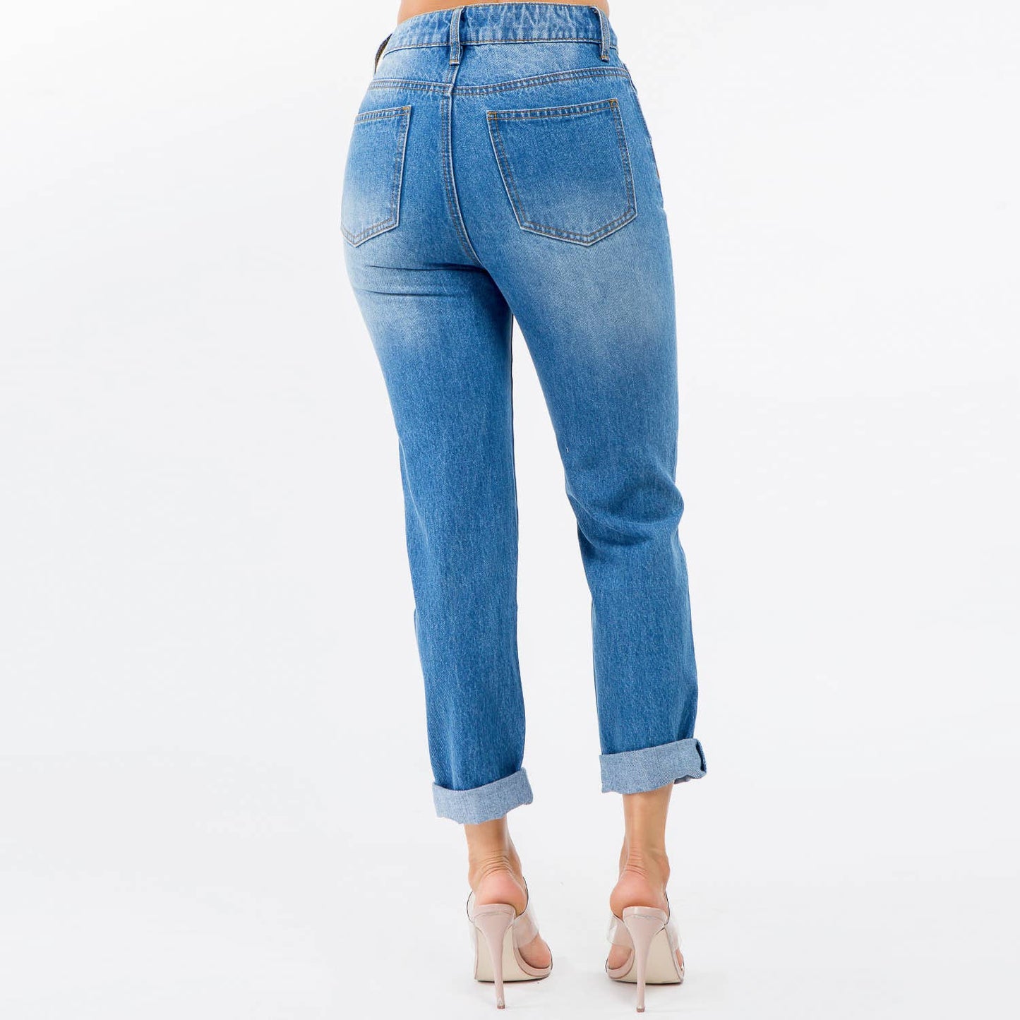 HIGH WAIST DISTRESSED MOM JEANS-RJH20507: BLUE