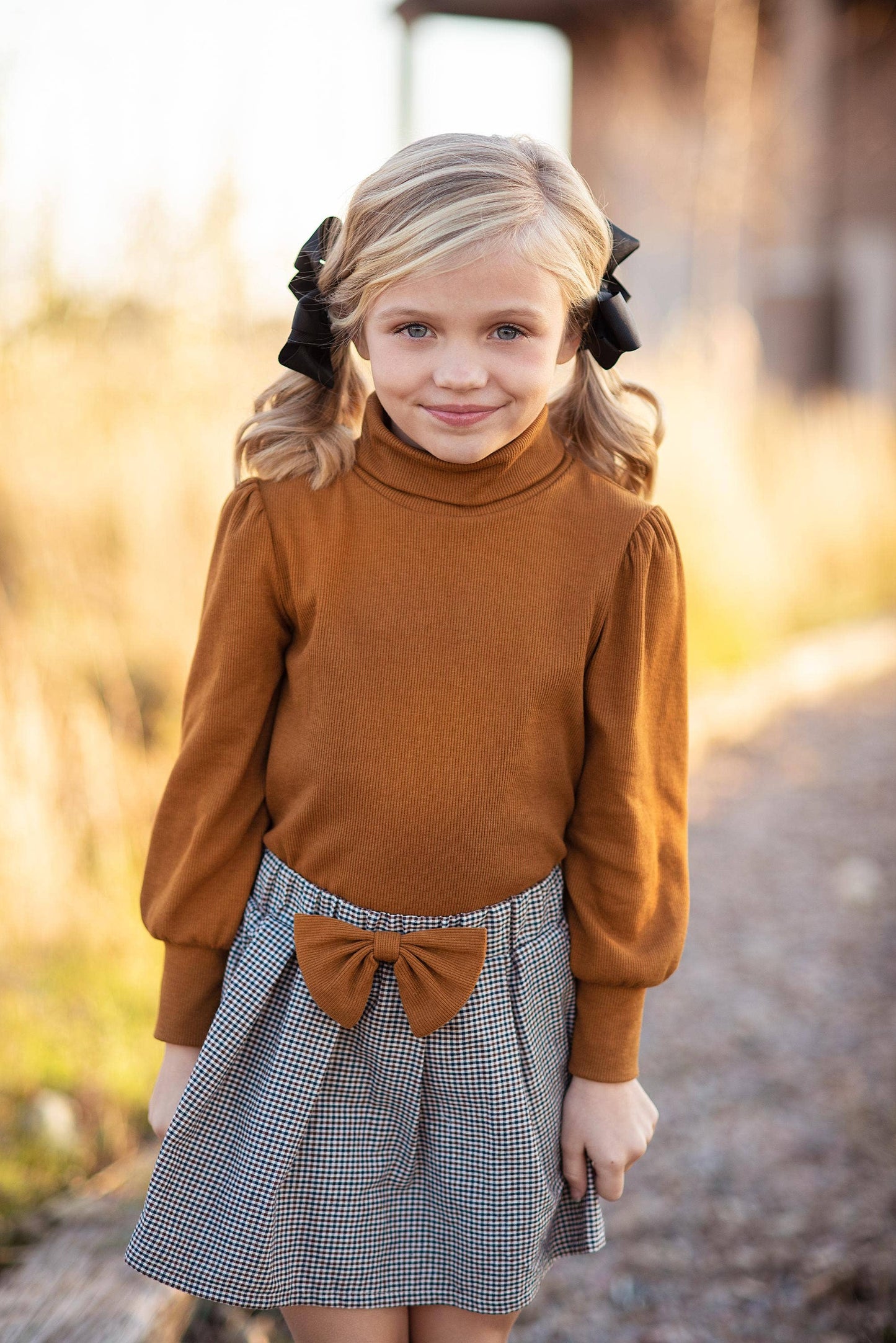 Kids Carmel Puff Sleeve Top & Bow Check Fall Skirt Set: