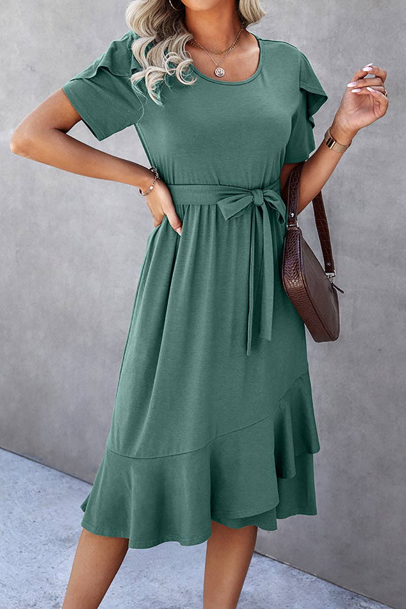 Petal Sleeve Ruffle Trim Belted Midi Dress: GREEN / L