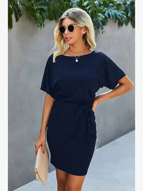 Petal Sleeve Ruffle Trim Belted Midi Dress: GREEN / L