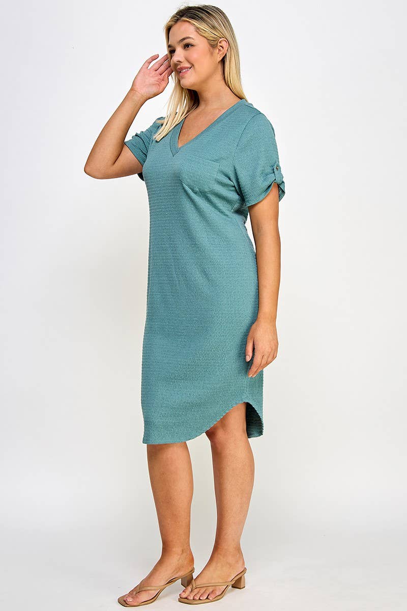 Plus Size Smocked V-neck Shirt Tail Dress PL2463P-D: Black / Plus Size