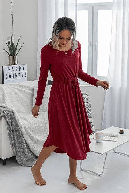 Solid Round Neck Long Sleeve Drawstring Dress: ROYAL BLUE / L