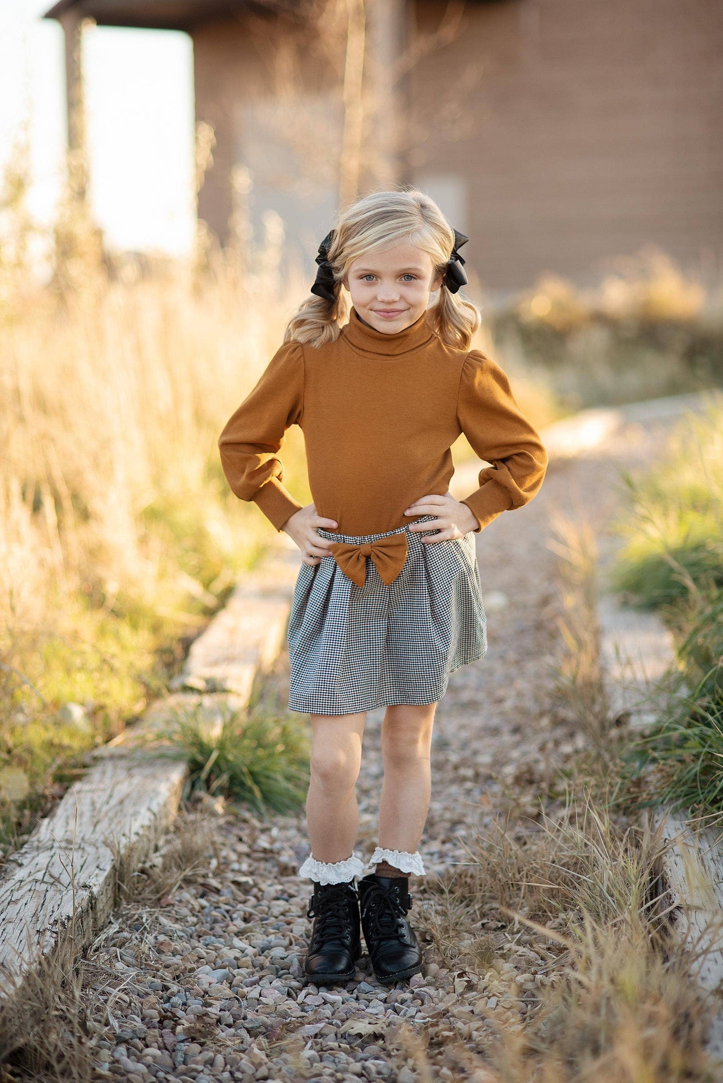 Kids Carmel Puff Sleeve Top & Bow Check Fall Skirt Set: