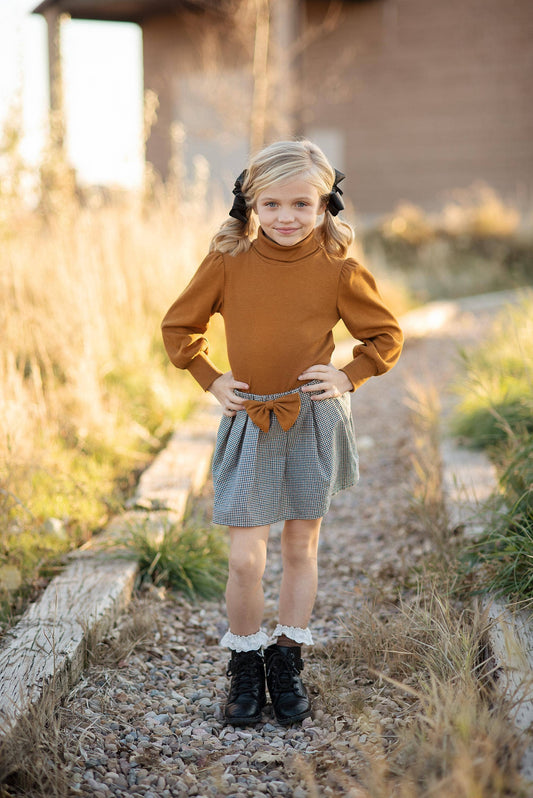 Kids Carmel Puff Sleeve Top & Bow Check Fall Skirt Set: