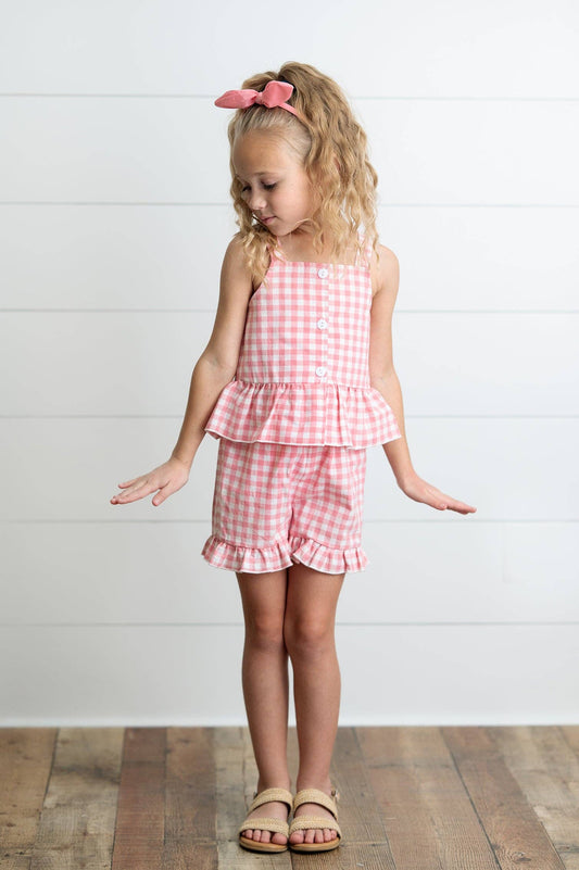Kids Pink Check Gingham Ruffle Button Spring Short Set: