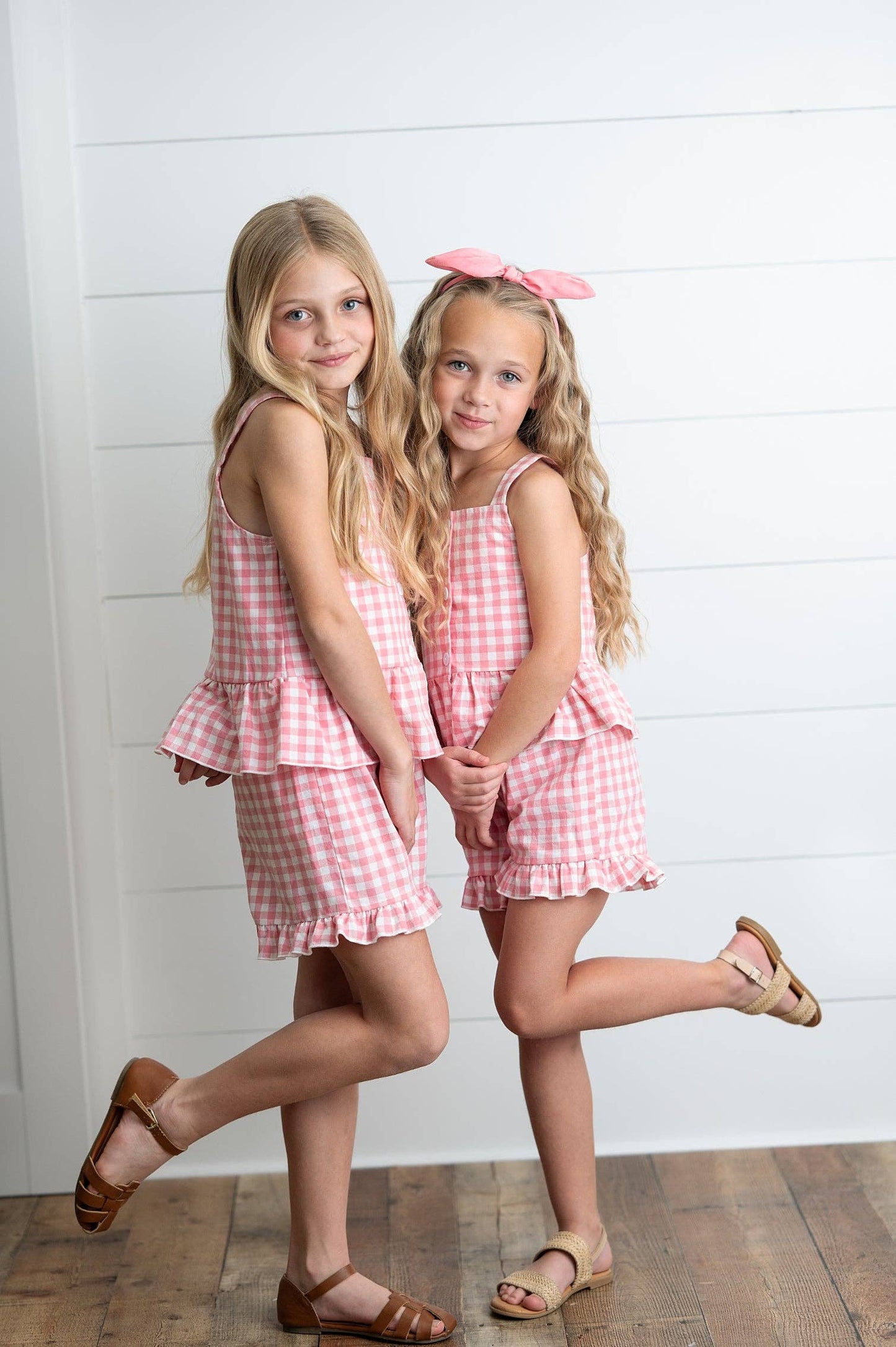 Kids Pink Check Gingham Ruffle Button Spring Short Set: