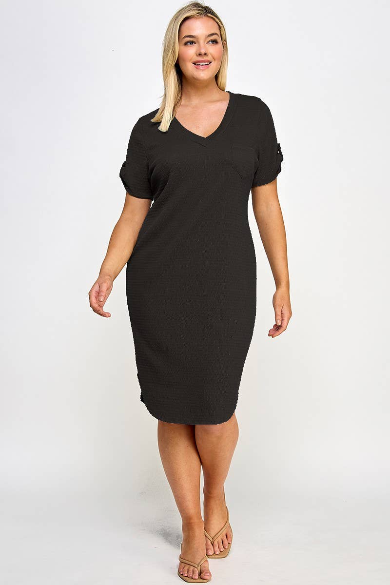 Plus Size Smocked V-neck Shirt Tail Dress PL2463P-D: Black / Plus Size