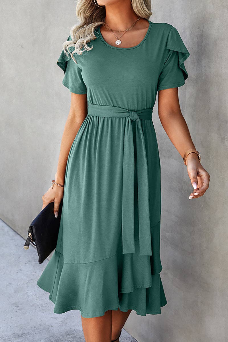 Petal Sleeve Ruffle Trim Belted Midi Dress: GREEN / XL