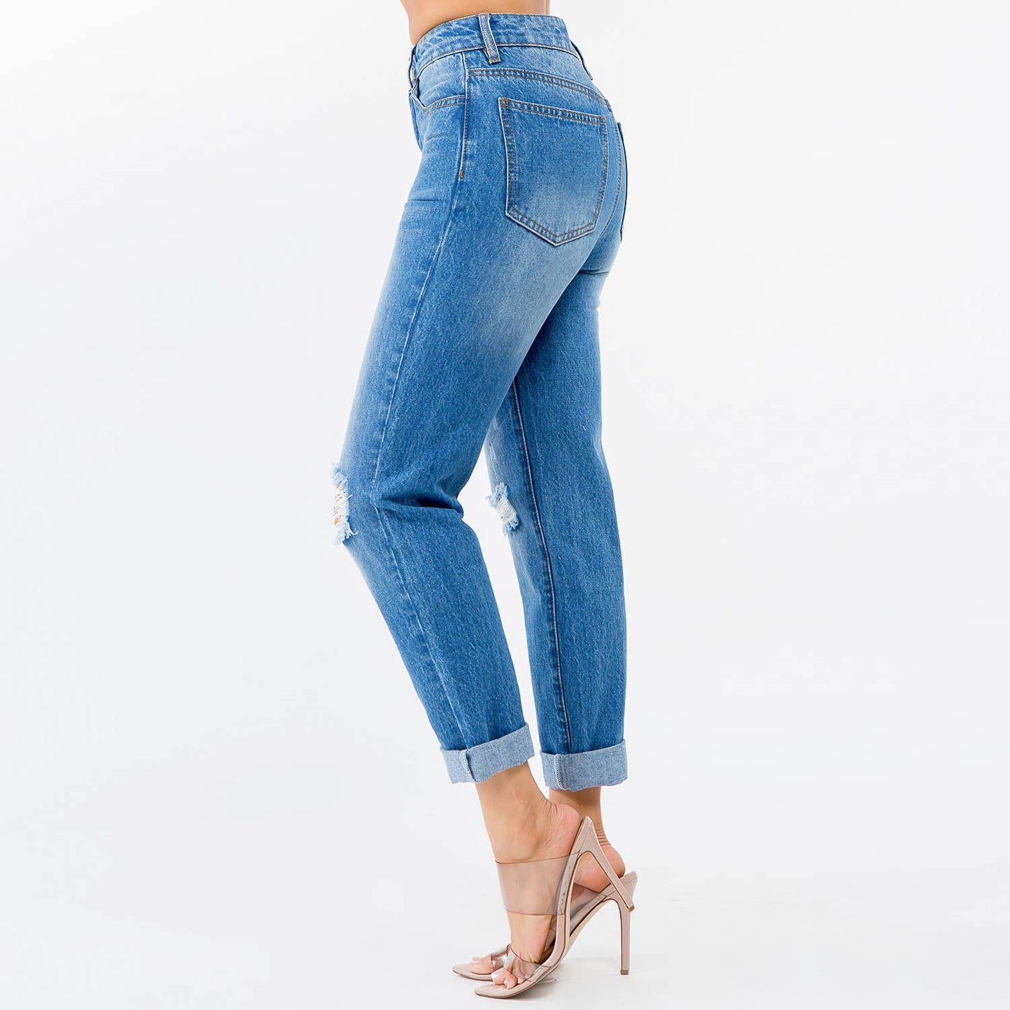 HIGH WAIST DISTRESSED MOM JEANS-RJH20507: BLUE
