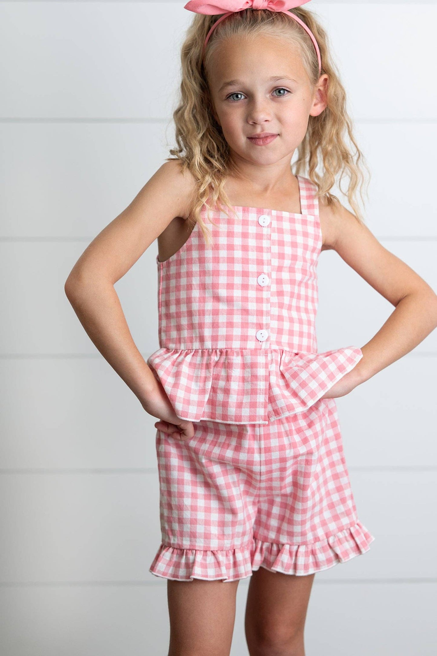 Kids Pink Check Gingham Ruffle Button Spring Short Set: