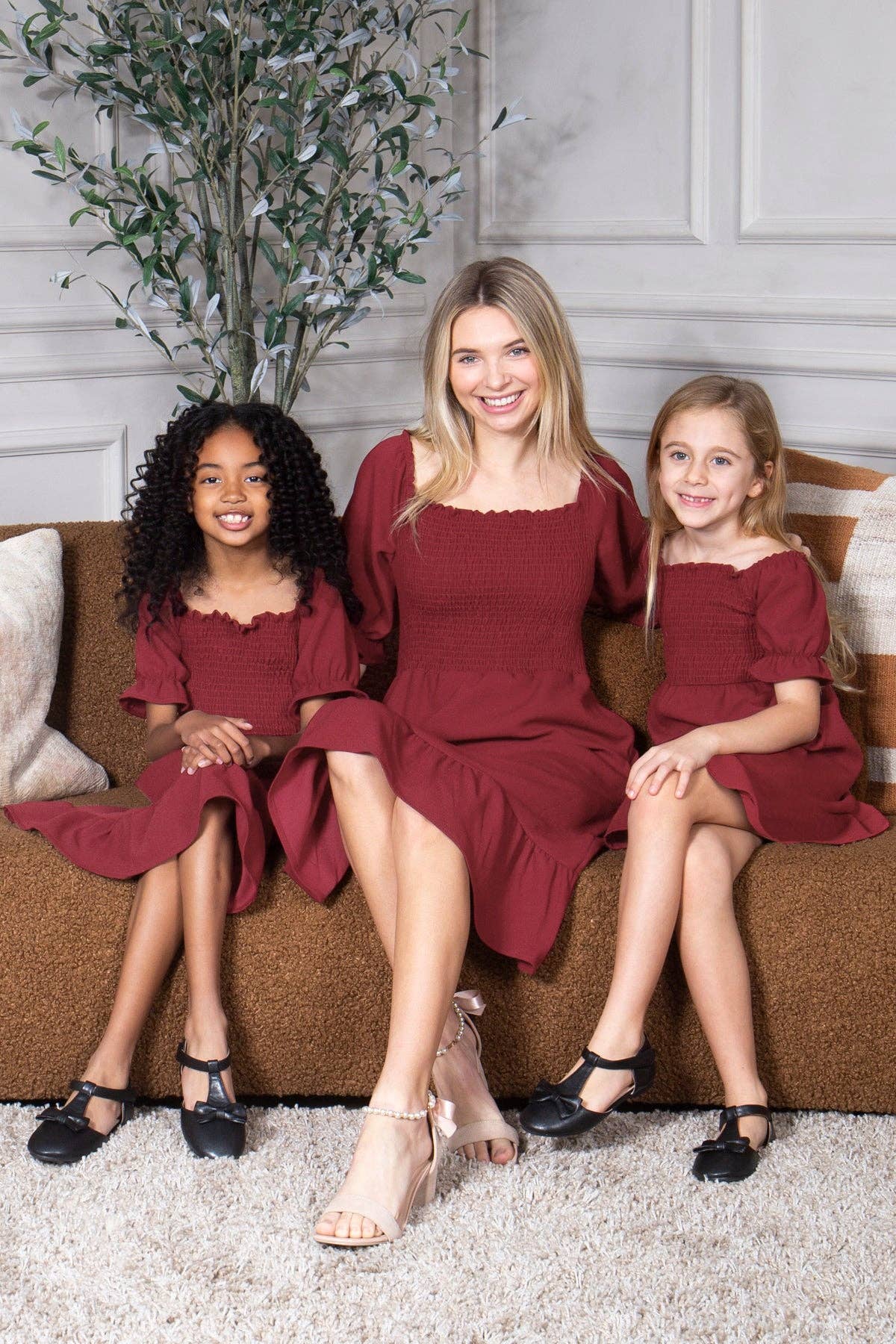 Smocked Dress Short Puff Sleeve Ruffle Smocking Crepe Midi: Taupe