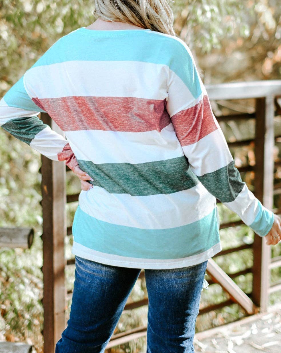 Stripe Colorblock Pullover Top Plus Size: Green / 95%Polyester+5%Elastane
