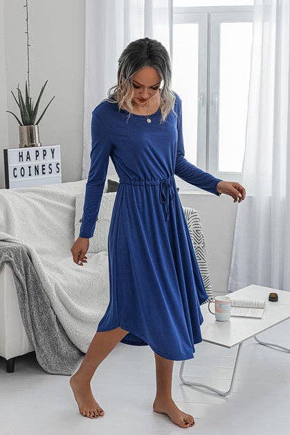 Solid Round Neck Long Sleeve Drawstring Dress: ROYAL BLUE / L