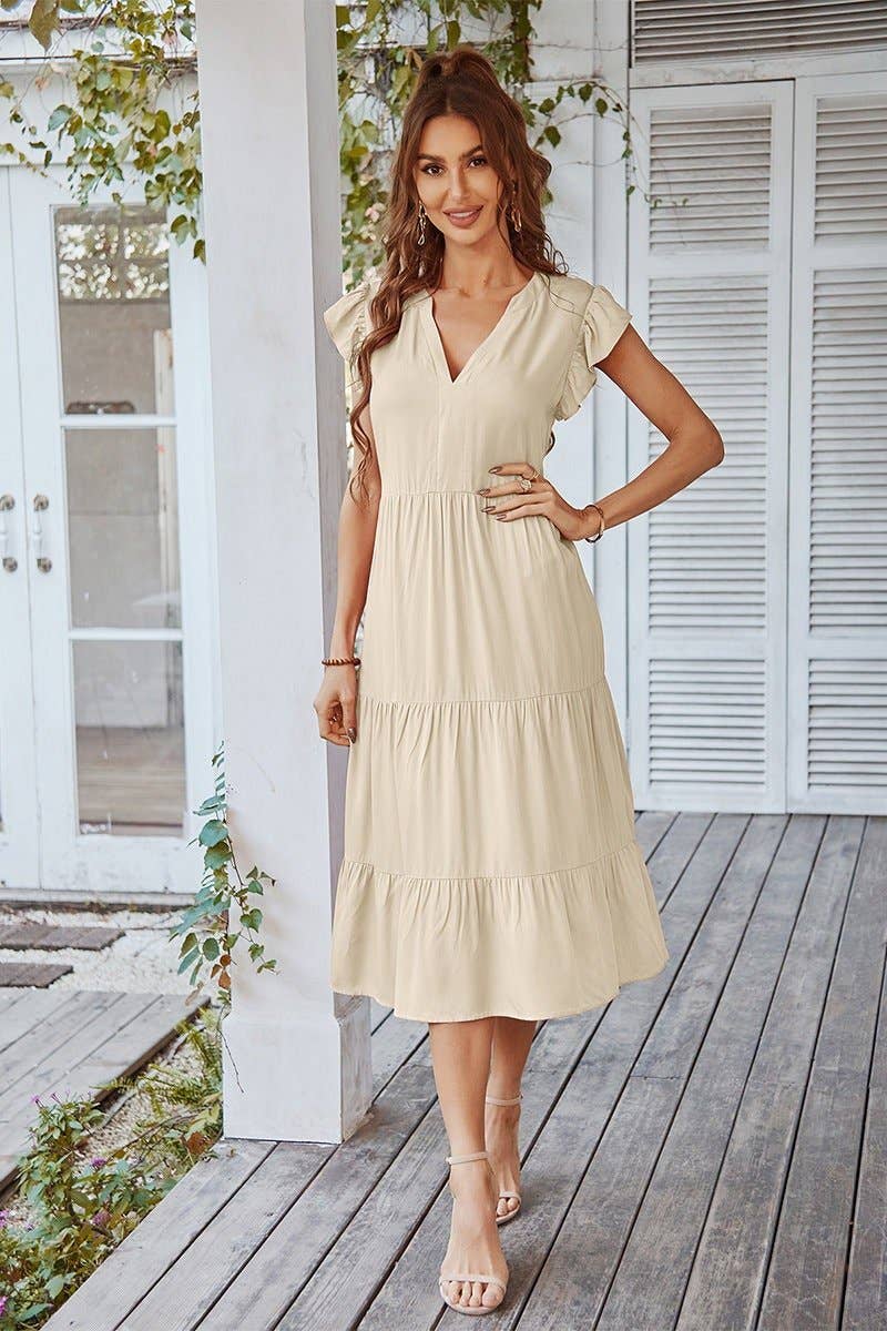 V Neck Flutter Sleeve Ruffle Hem Layered Dress: Pink