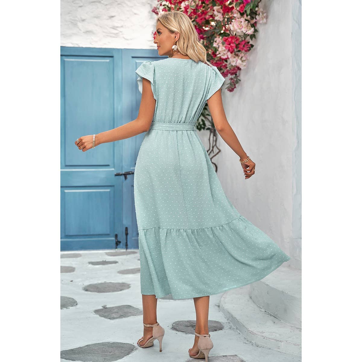 Solid Dot V Neck Lace Ruffle Belt Long Dress: LIGHT GREEN / S