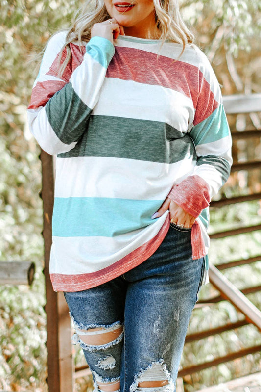 Stripe Colorblock Pullover Top Plus Size: Green / 95%Polyester+5%Elastane