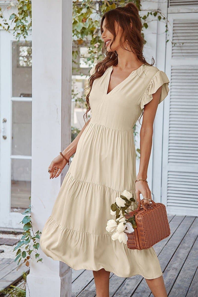 V Neck Flutter Sleeve Ruffle Hem Layered Dress: Beige /
