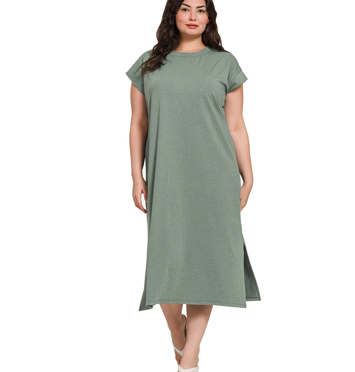 Plus Round Neck Short Sleeve pocketed dress