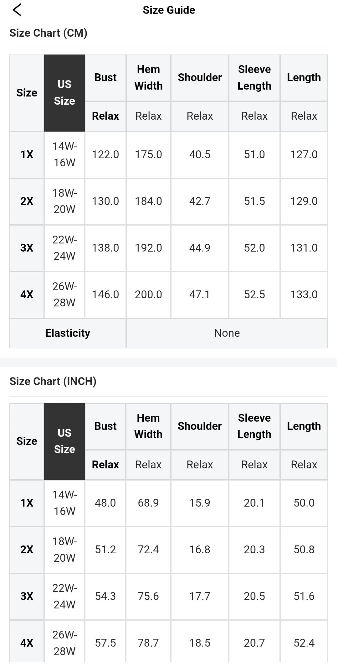 Ladies Sizing Chart